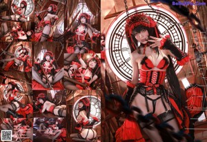 A woman in a red and black lingerie is posing for a picture.