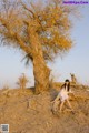 A woman sitting on top of a tree in the desert.